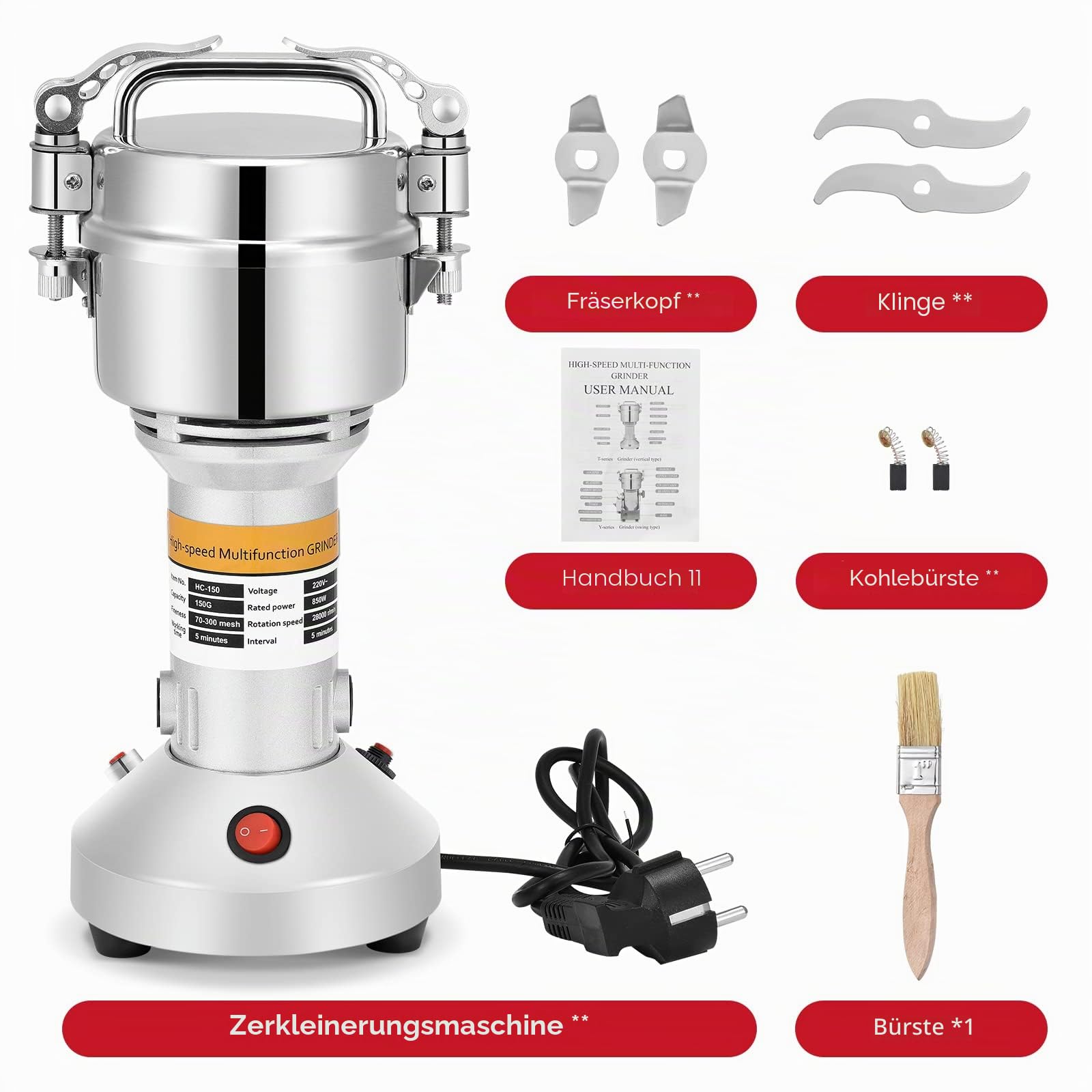 150g Tragbare Getreidemühle 220 V Hochgeschwindigkeits Schleifmaschine Mehl Pulver Maschine für Kräuter/Gewürze/Nüsse/Getreide mit Überlastschutz