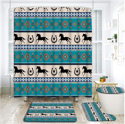 Juego de 4 cortinas de ducha azteca con alfombras, cubierta para tapa de inodoro, caballo de vida silvestre occidental, tribu de animales de granja,