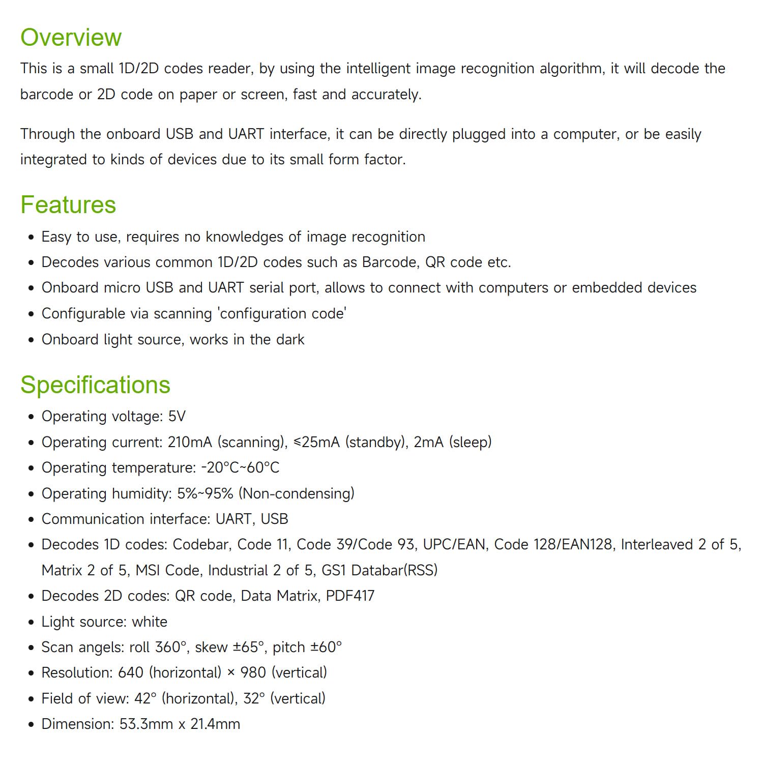 Waveshare Barcode Scanner Module 1D/2D Codes Reader Using The Intelligent Image Recognition Algorithm