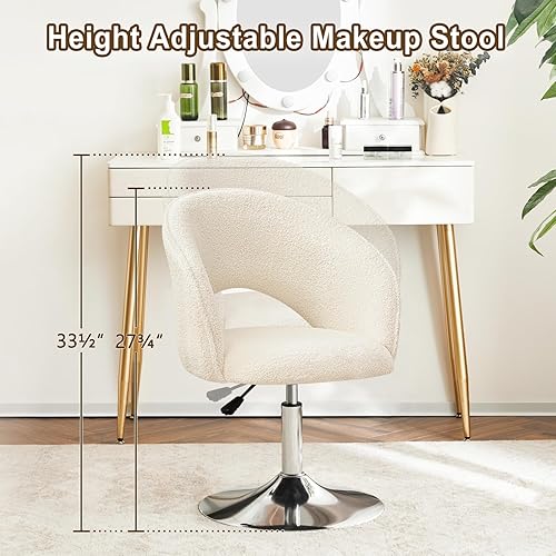 Miniatura 4 de Furnimart Silla de tocador de terciopelo, silla decorativa de altura ajustable con marco cromado, silla giratoria redonda de maquillaje para sala de