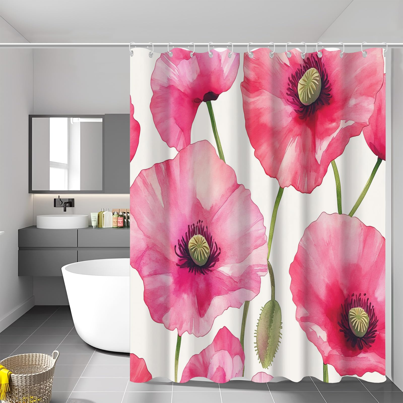 Rideau de baignoire fleurs aquarelle 240 x 200 cm avec crochets