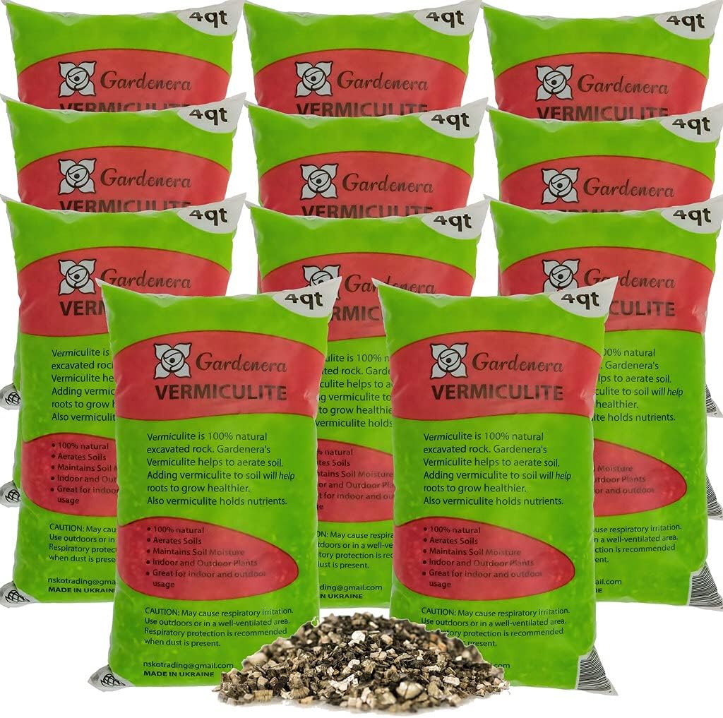 Horticultural Organic Vermiculite by GARDENERA - Medium Grade - Natural Soil Additive for Potted Plants - Orchids - Hydroponics - Terrariums (4 QT) - CASE of 11