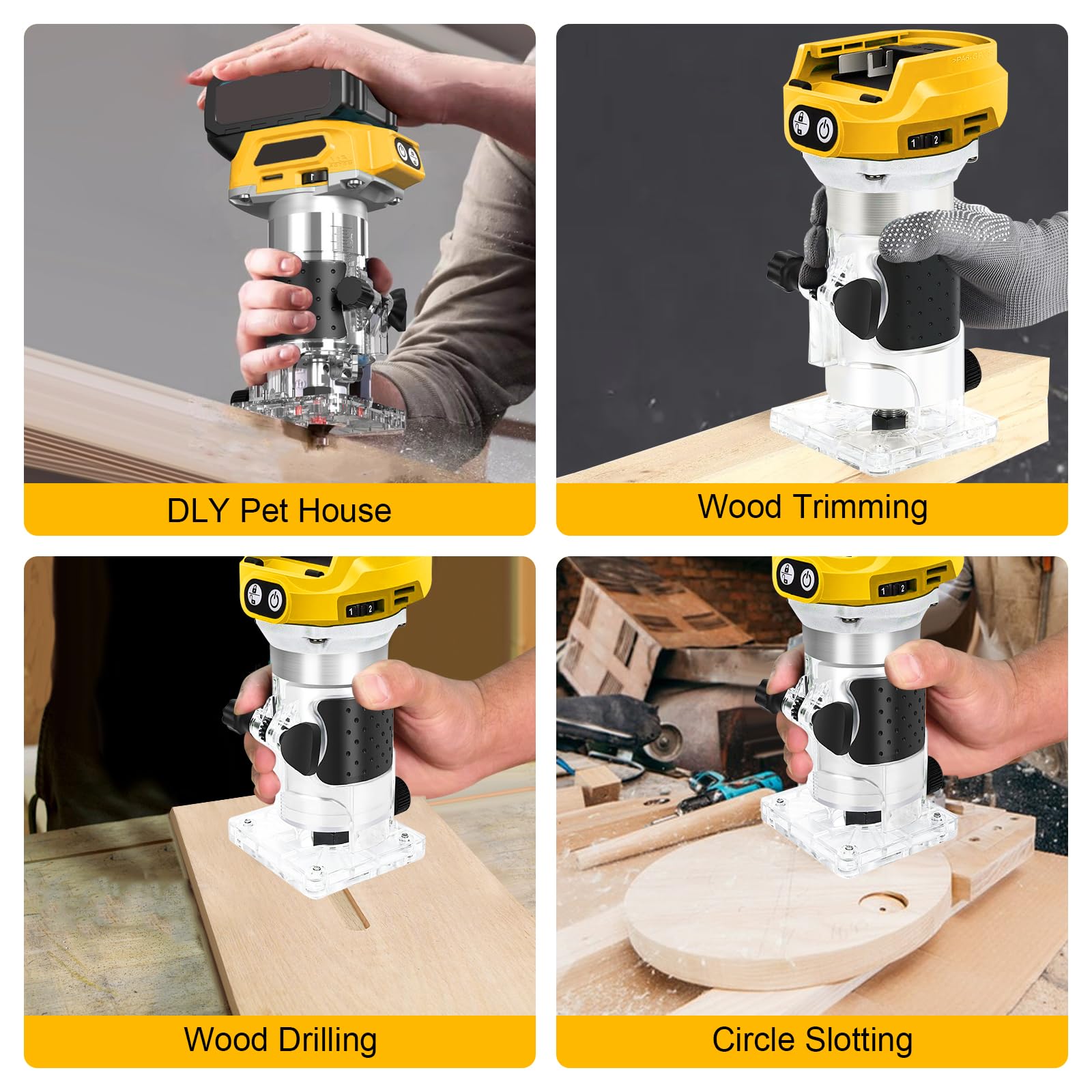 Akku Oberfräse kompatibel mit Dewalt 18V Akku, 1300W Oberfräse Trimmer Einhandfräse, Bürstenloser Kantenfräser mit 6 Geschwindigkeit, 28.000 U/min Akku-Holzfräser für Holzbearbeitung (no Ak-ku)