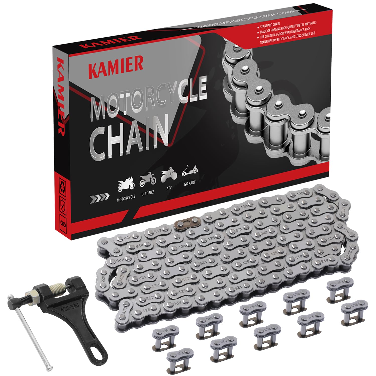 KAMIER 428 Motorcycle Chain 132 Links with Chain Breaker for TTR125 TTR225 Hawk 250 Boom Vader 125 Apollo RFZ TaoTao Coleman 110cc 125cc 150cc Pit