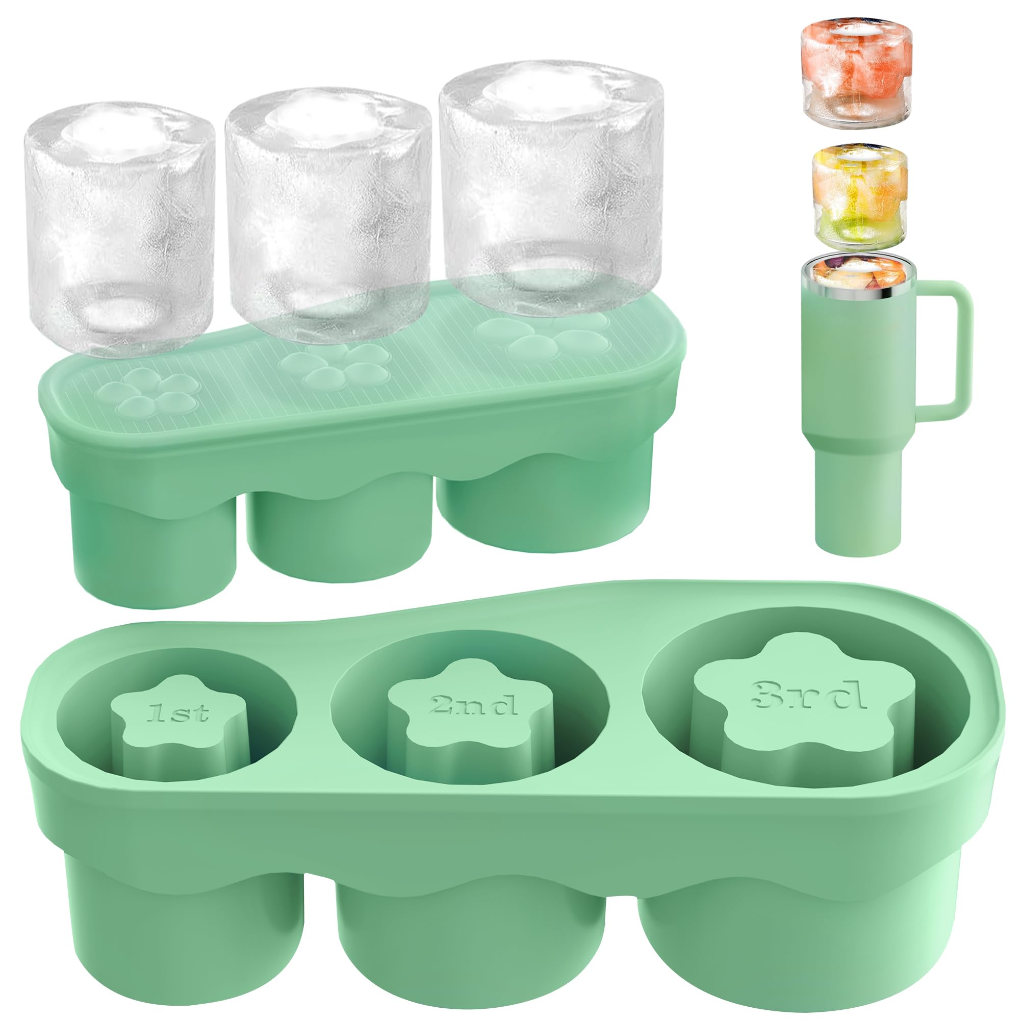 Ice Cube Tray for Tumbler Cup 20-40 Oz, 3 Sizes Silicone Cylinder Ice Mold with Lid for Freezer, Easy Fill and Release Ice Cube Maker for Drinks, Coffee, Whiskey, Cocktail (Green)