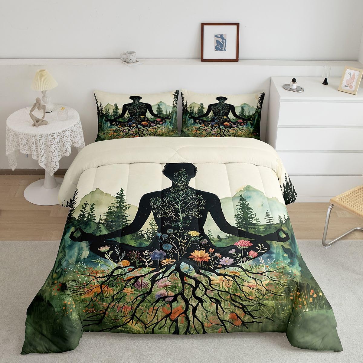 Castle Fairy Meditation Bedding Set Full Size Woodland Mountain Nature Scenery Comforter Boys Girls Bedroom Decor Yoga Aesthetic Comforter Set Green 3Pcs Quilt Set,2 Pillowcase