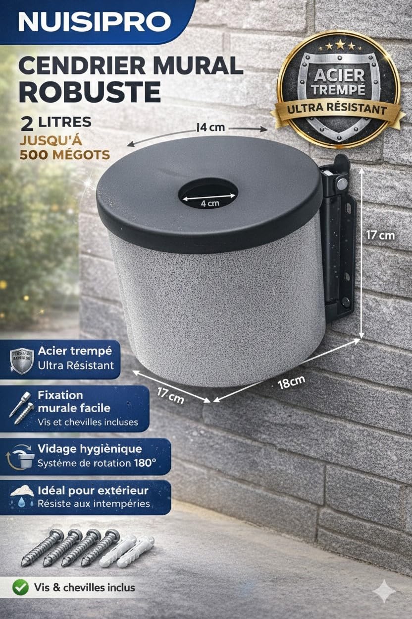 NUISIPRO - Cenicero exterior grande y resistente, capacidad 2 l, montaje en pared