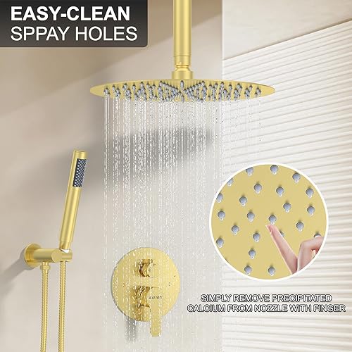 Miniatura 8 de Sistema de ducha montado en el techo de 12 pulgadas con cabezal de ducha de lluvia, cabezal de mano y válvula de ducha, kit de molduras de níquel