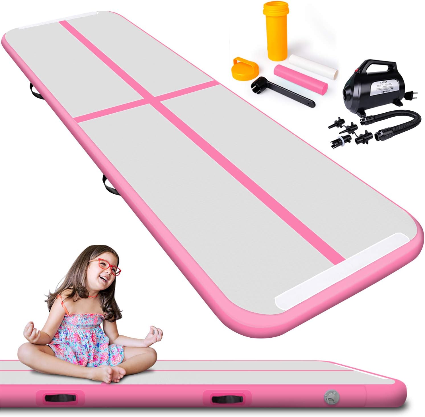 Cotogo 3x1x0.1M / 3x0.9x0.1M Inflatable Air Track Tumbling Gymnastic Yoga Taekwondo water floating Camping Training mat with 550W Electrical Pump & Includes Carry Bag (Pink, 3x0.9x0.1 M)