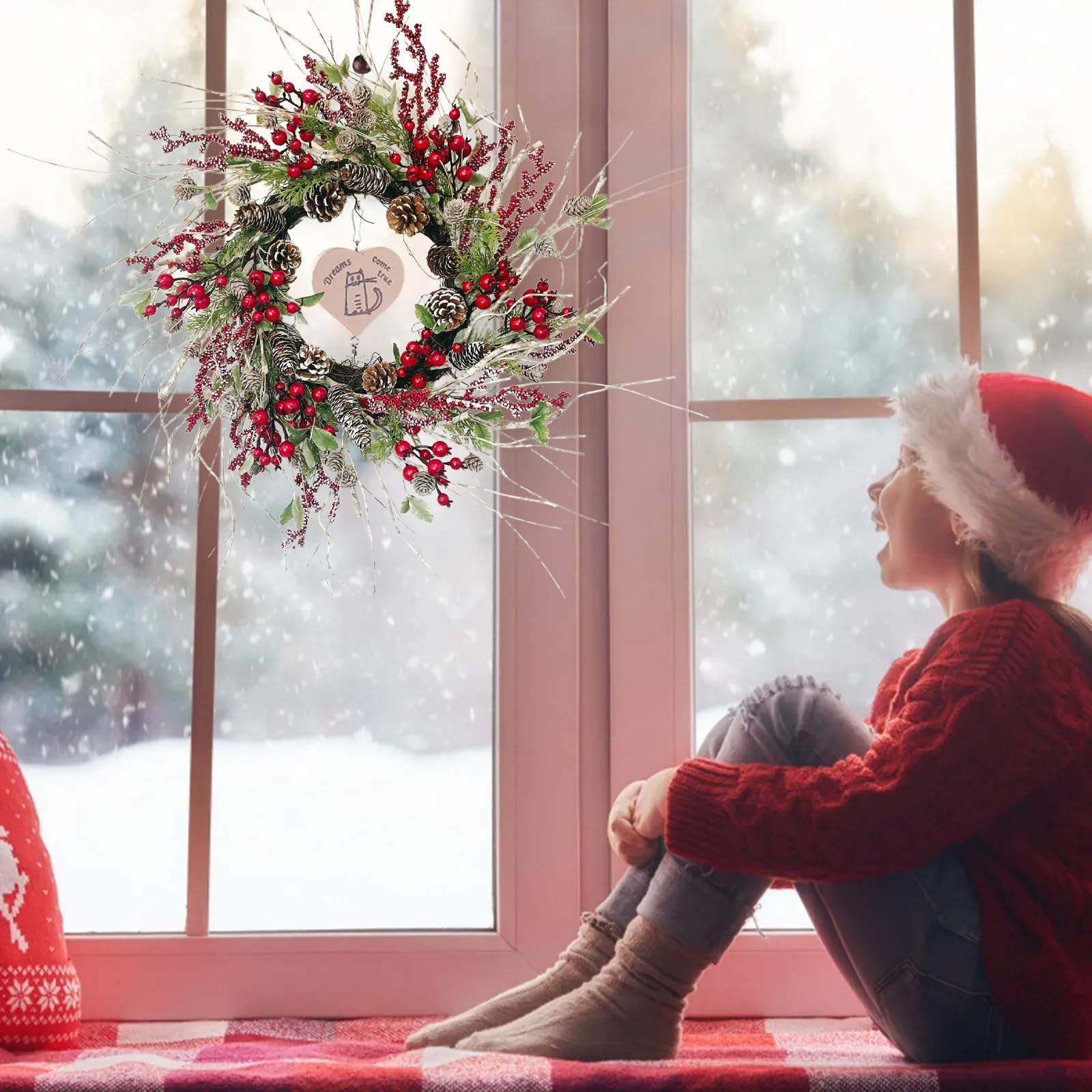Corona de Navidad de Abedul Artificial de 24 Pulgadas con Conos de Pino Helado, Bayas y Hojas de Acebo, el Cedro Mejora la decoración de la Puerta Delantera para Todo el Invierno