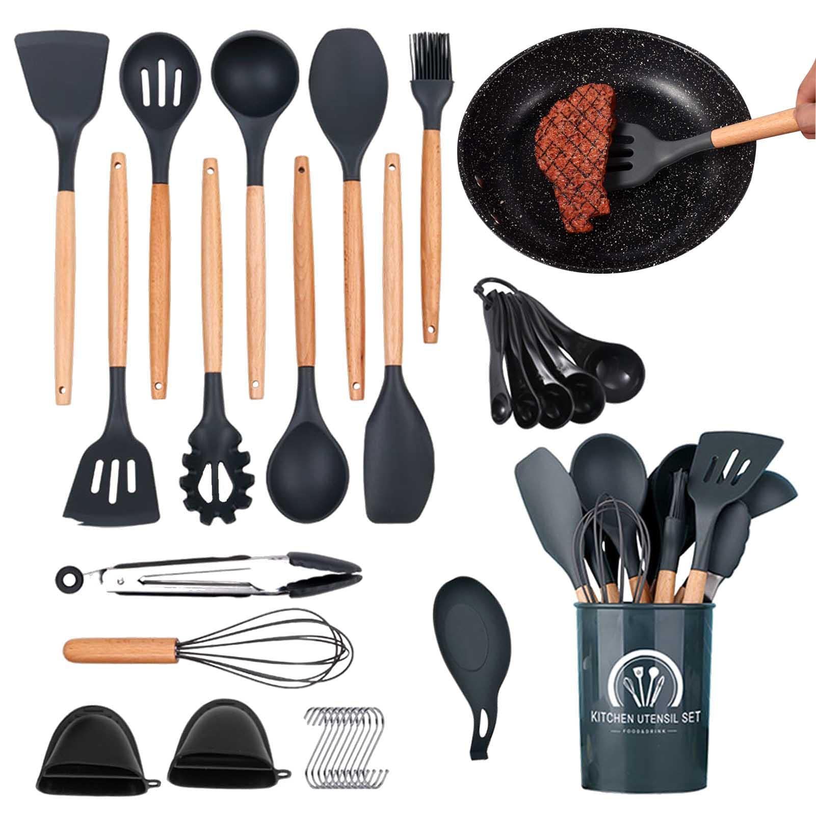 Cucina Silicone | Set da Cucina in Silicone con Manico in Legno | 30 pezzi, silicone antiaderente resistente al calore, set da cucina senza BPA