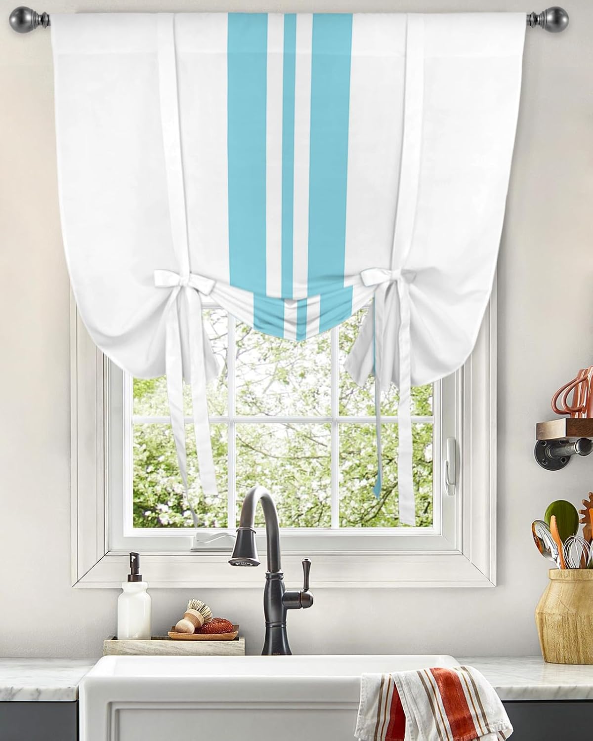Yukro Tie Up Curtains Window Shades, Holiday Themed Blue Stripes Rod Pocket Tie Up Window Shade, Adjustable Balloon Curtain Shade for Blinds Kitchen Bathroom, 1 Panel, 52"x63"