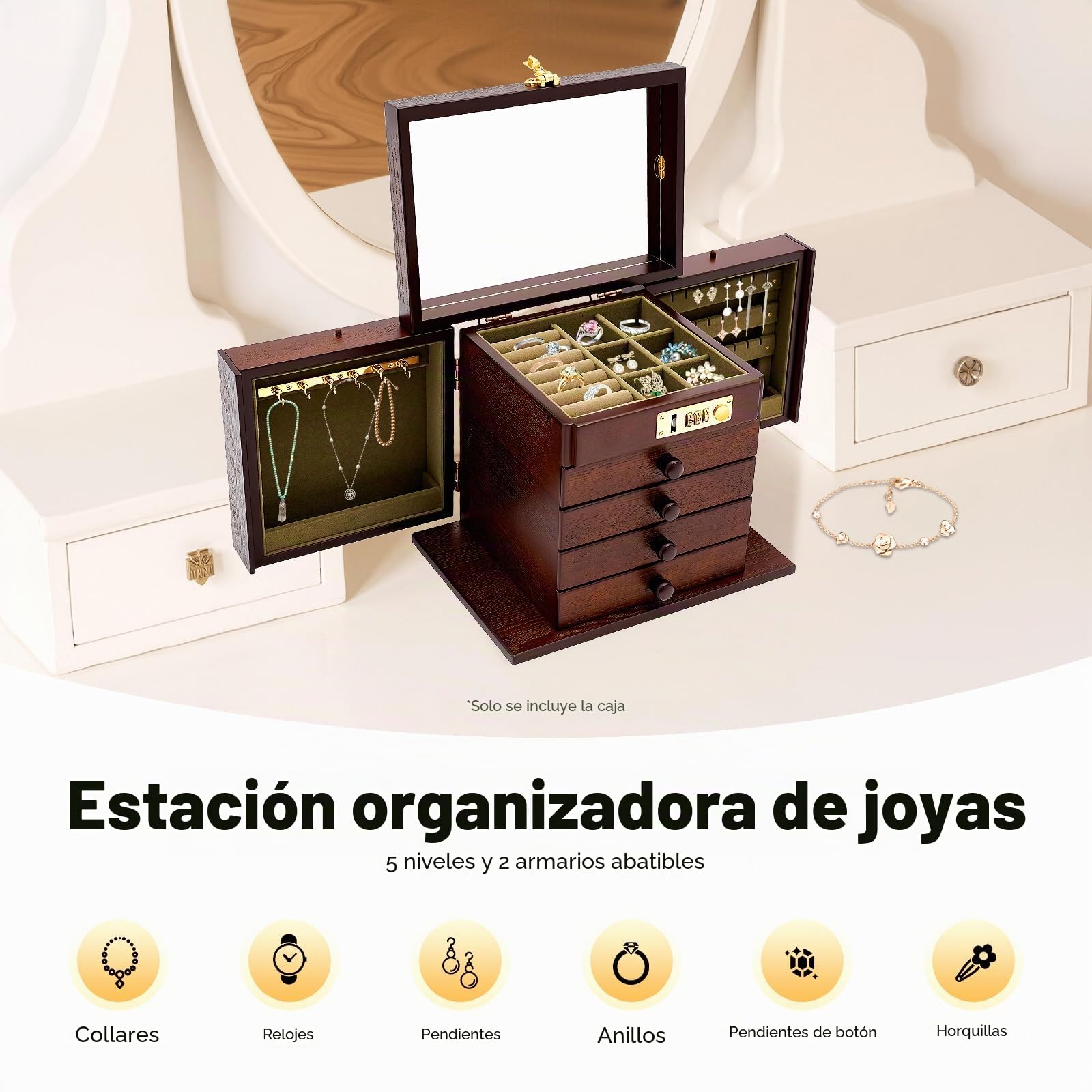 Joyero de madera grande, con 4 cajones, con cerradura y espejo