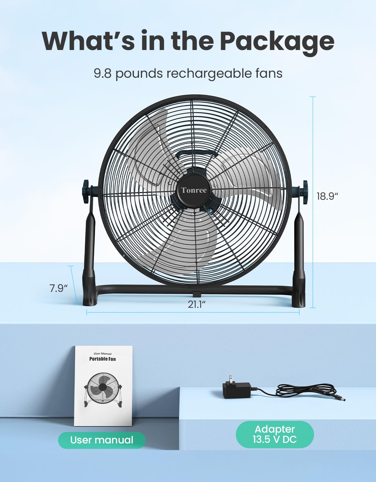 Ventilatore da pavimento portatile da 45,7 cm, a batteria, ricaricabile ad alta velocità, ricarica USB per telefono, durata 12-60 ore, silenzioso, wireless, flusso d'aria, per campeggio, casa