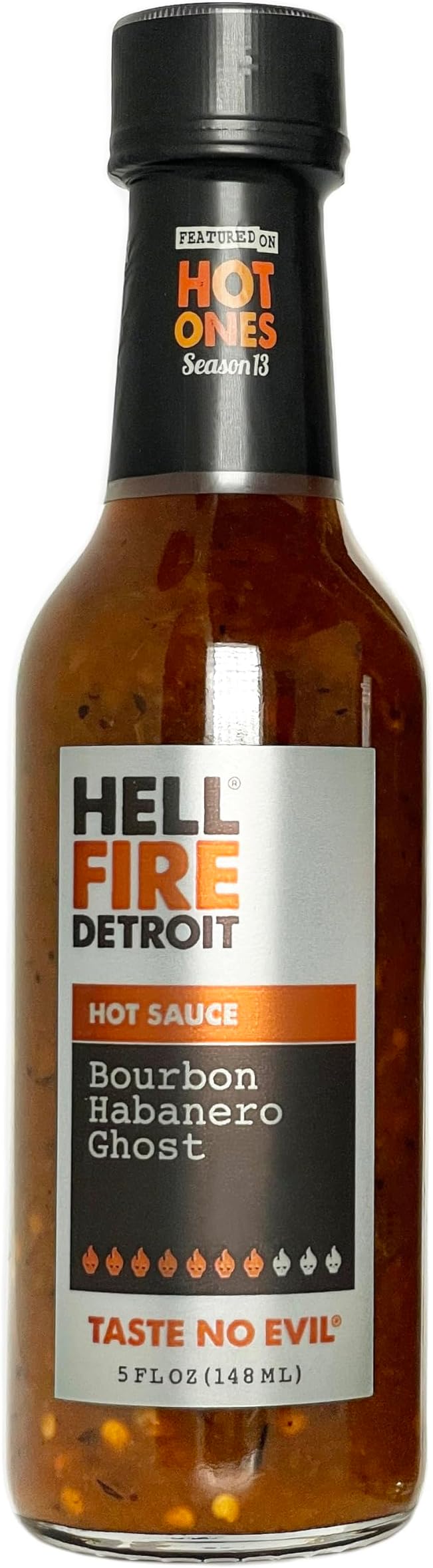 Hell Fire Detroit Bourbon Habanero Ghost Hot Sauce (Extra hot), Crafted with Fresh, Fire-Roasted Habanero and Ghost Chile Peppers, All-Natural, Vegan, Gluten-Free, Low Sodium – 5 Fl Oz