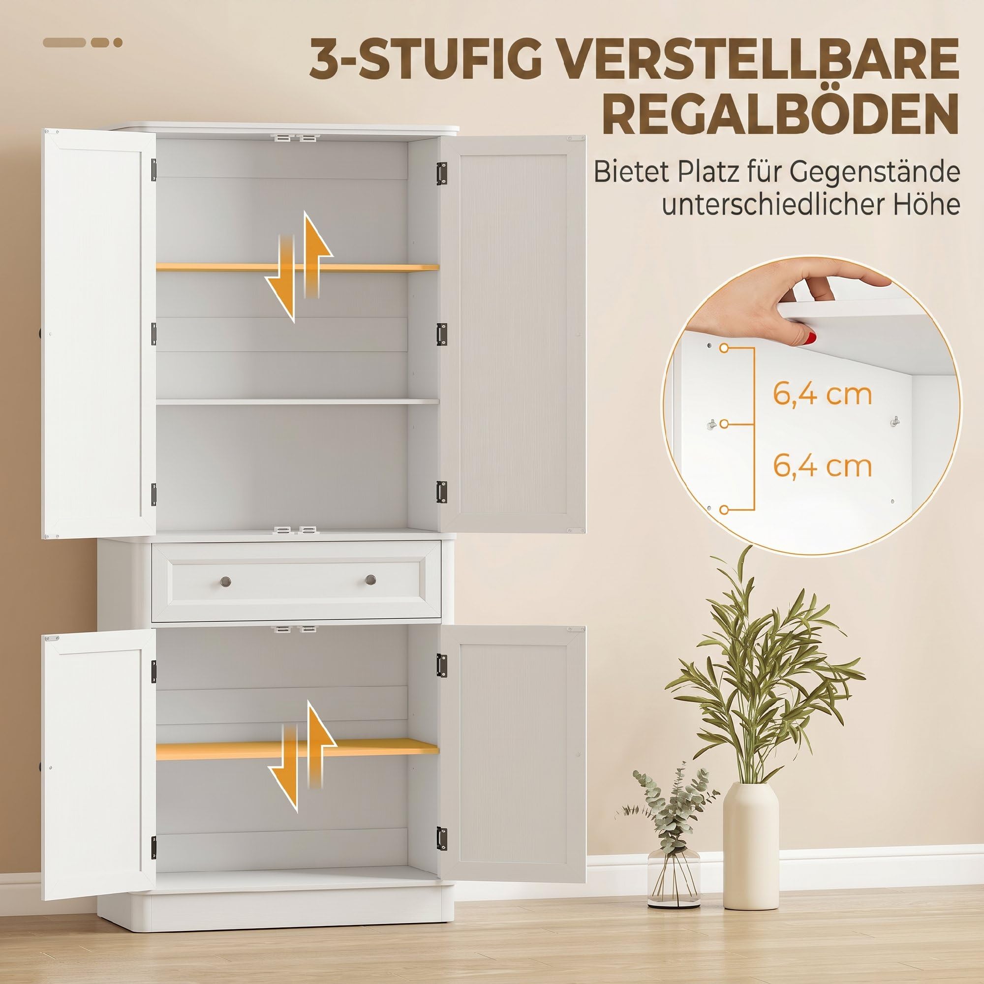 HOMCOM Küchenschrank 186,4 cm Hochschrank Buffetschrank mit 4 Türen, Schublade und verstellbaren Einlegeböden Vorratsschrank für Küche, Esszimmer, Wohnzimmer Weiß, 80 x 39,5 x 186,4 cm