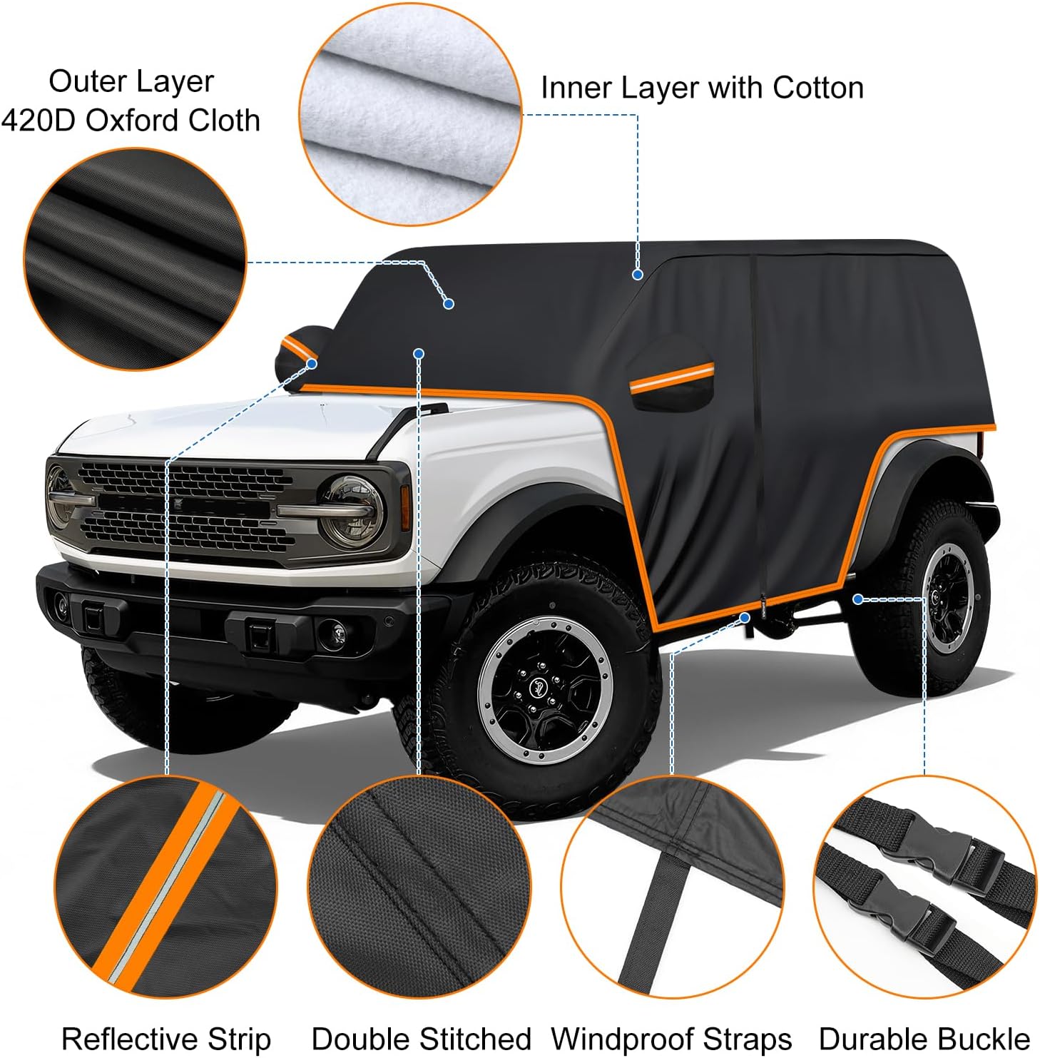 Cab Car Cover for Ford Bronco 2 Door, 420D Half Car Cover Waterproof All Weather Sun Rain UV Dust Protection, Rain Cab Covers with Zipper Door for Ford Bronco 2021 2022 2023 2024 2025