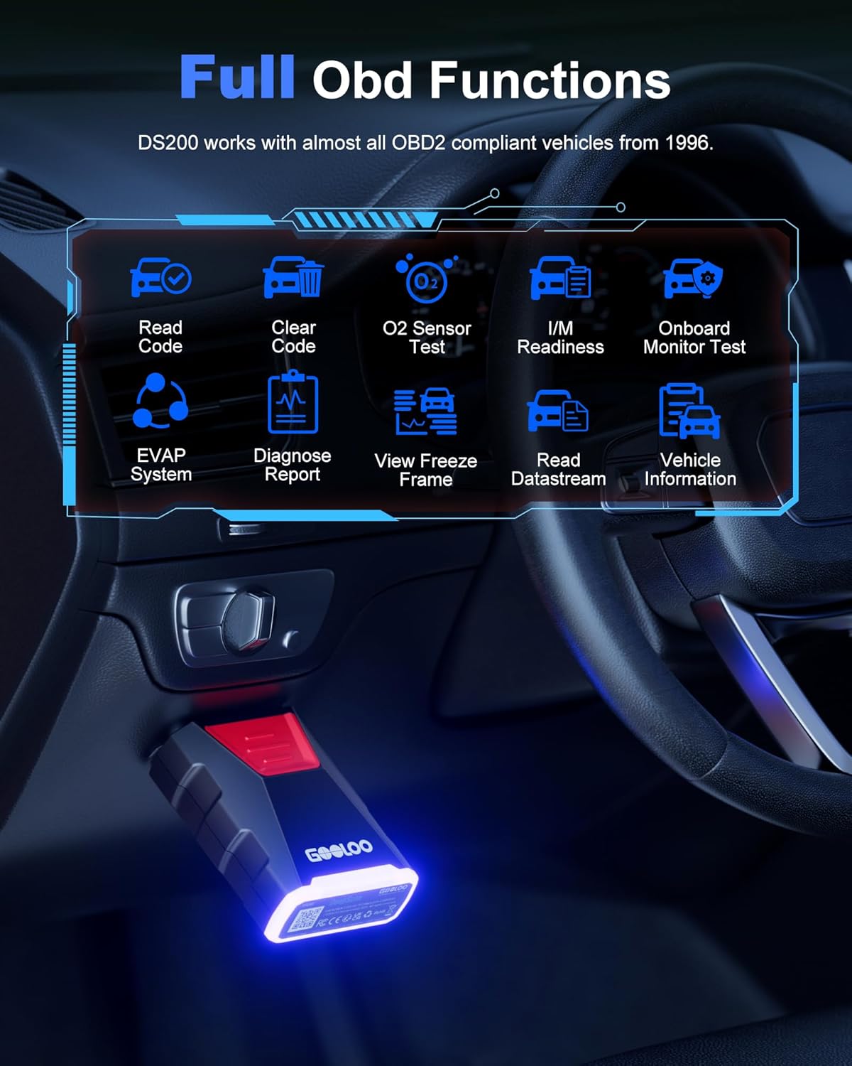 GOOLOO DS200 OBD2 Scanner showing full OBD functions on a smartphone app