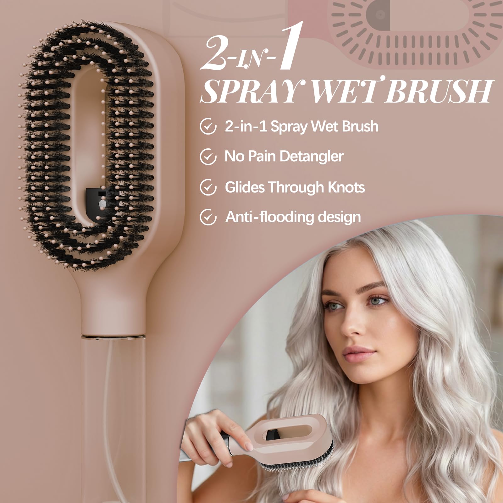 Curl Refresh - Cepillo desenredante con spray de niebla fina, antirotura y control del encrespamiento para cabello rizado, peinado húmedo o seco, apto para viajes (1, caqui)