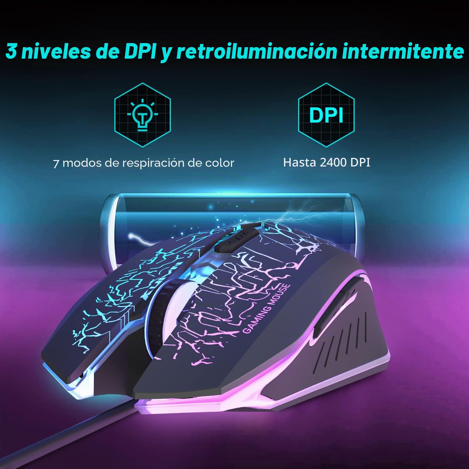 Juego de teclado y mouse para juegos con cable 12 modos de iluminación RGB 104 teclas Teclado iluminado anti-ghosting completo 2400 DPI 6 botones Ratón óptico USB para juegos Compatible con PS4 Negro