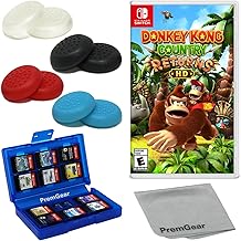 Donkey Kong Country Returns HD para Nintendo Switch (versión de EE. UU.), con empuñaduras para el pulgar PremGear (paquete de 8, negro, azul, rojo y transparente), soporte para tarjetas de juego de 24