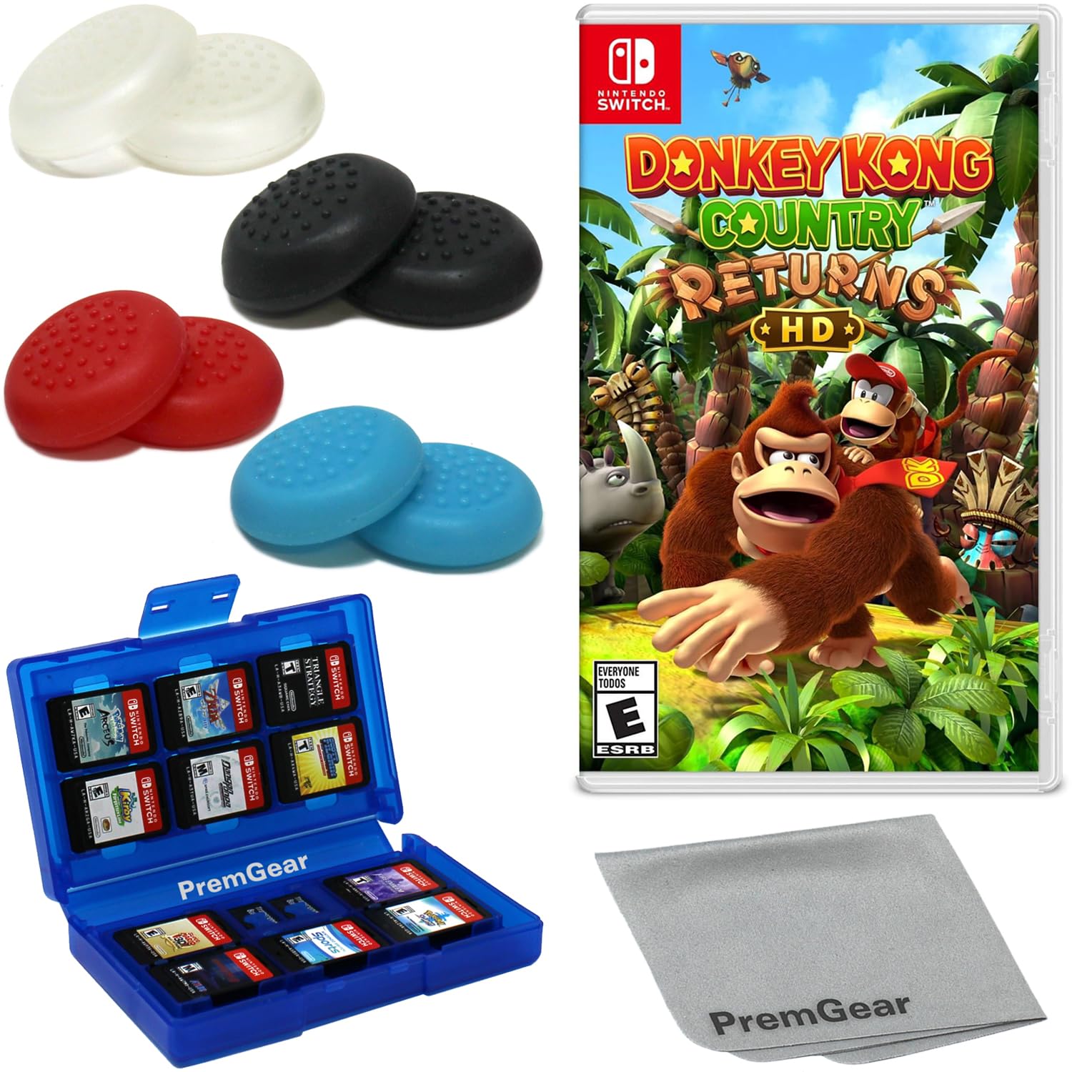 Donkey Kong Country Returns HD for Nintendo Switch (US Version), with PremGear Thumb Grips (8 pack - Black, Blue, Red & Clear), 24 Slot Game Card Holder & Cleaning Cloth