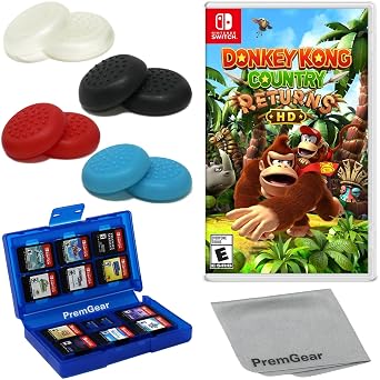 Donkey Kong Country Returns HD for Nintendo Switch US Version, with PremGear Thumb Grips 8 pack - Black, Blue, Red & Clear, 24 Slot Game Card Holder & Cleaning Cloth
