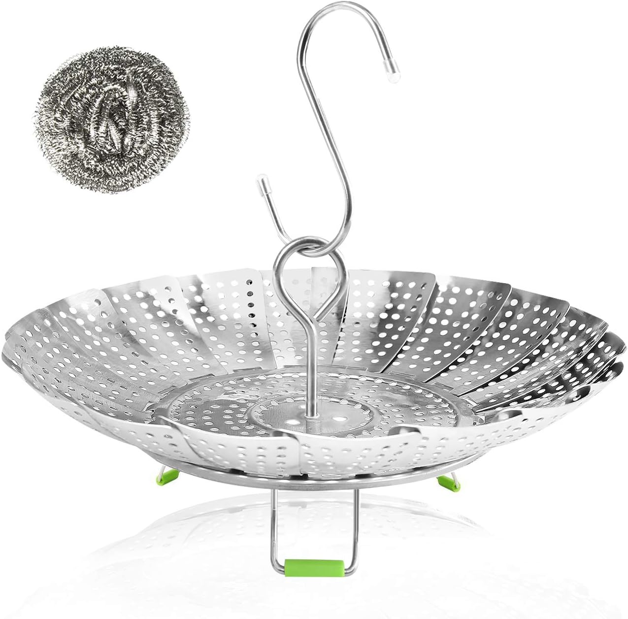 Vegetable Steamer Basket Stainless Steel Collapsible Steamer Insert for Steaming Veggie Food Seafood Cooking, Metal Handle Foldable Legs, Fit Various Pot Pressure Cooker (5.3" to 9")