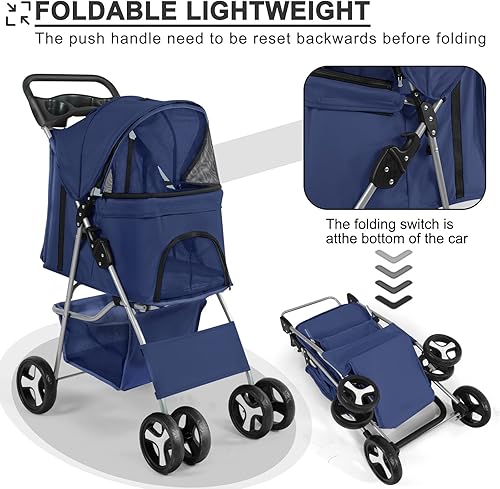 Miniatura 2 de Wedyvko Cochecito para mascotas, cochecito plegable de 4 ruedas para perros y gatos con cesta de almacenamiento, asa rueda delantera de 360 con