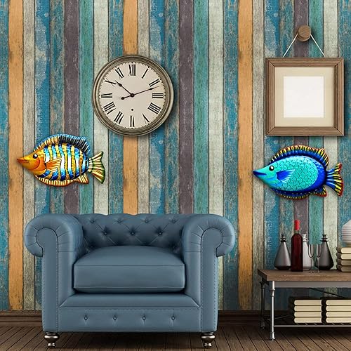 Miniatura 4 de NA - 2 piezas de decoración de pared de peces de metal, esculturas temáticas del océano, decoración de arte tropical (naranja, azul)