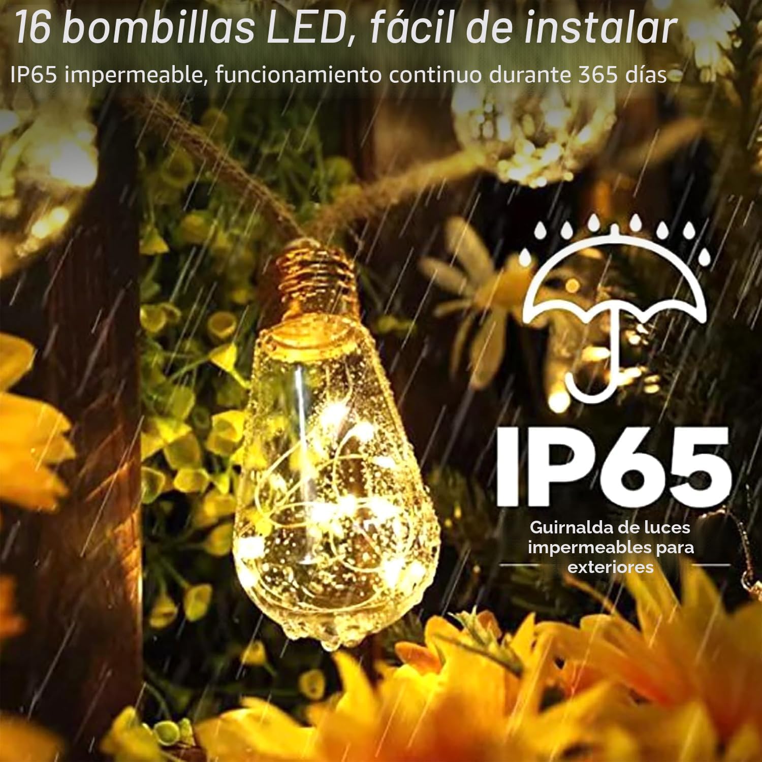 Guirnaldas Luces Exterior Solar con Cuerda Gruesa, 8M 16 Bombillas de Plástico Irrompible, 8 Modos, IP65 Impermeable, Luces Decorativas para Jardín, Terraza, Balcón, Fiesta(Blanco Cálido)