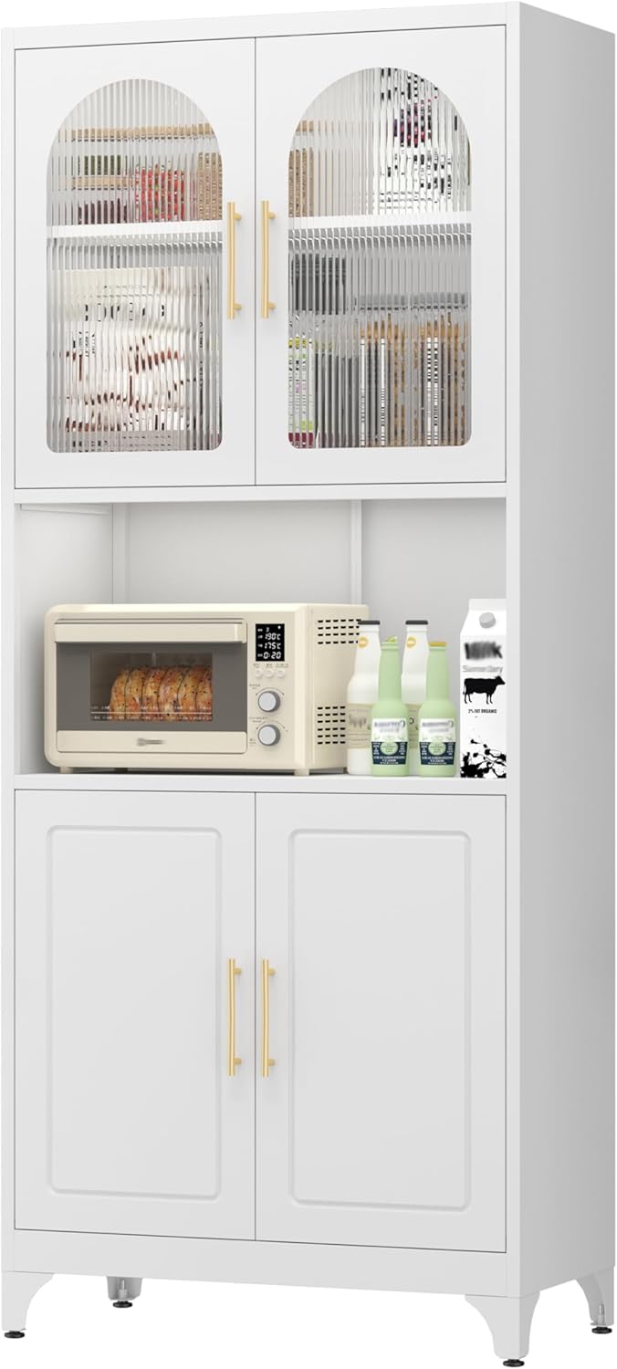 Metal Kitchen Pantry Storage Cabinet，75" Tall Storage Cabinets with 4 Doors and Adjustable Shelves ，White Hutch Cabinet with Microwave Stand,Large Kitchen Cupboard for Dining Room