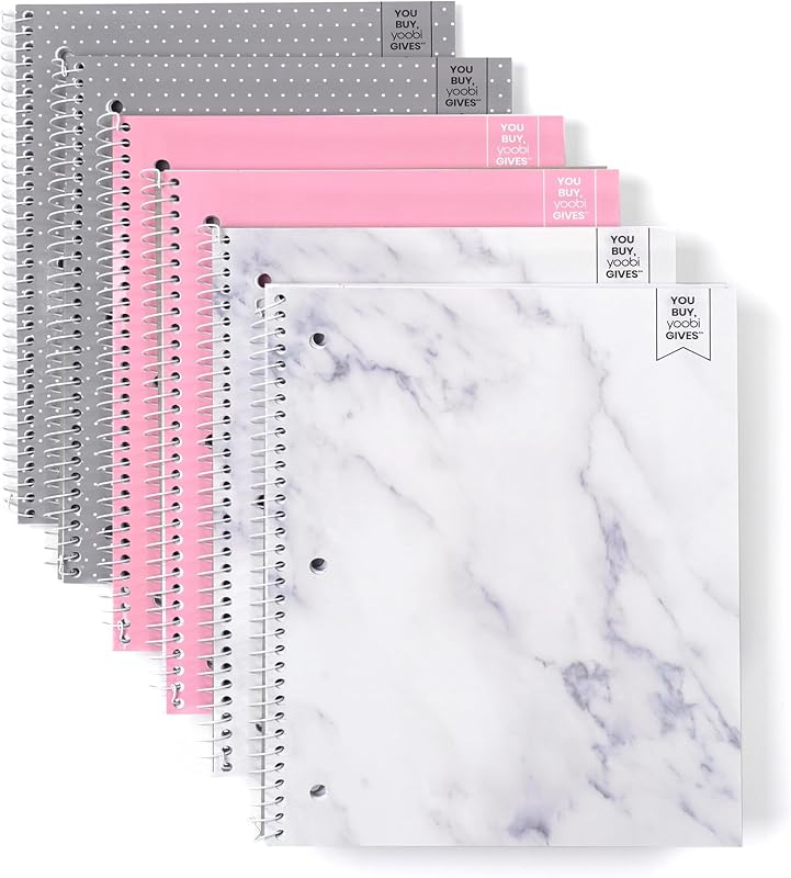 Cuadernos Yoobi College de 2 materias con rayas, paquete de 6, 150 hojas, 10,5 x 8 pulgadas | Hojas perforadas con 3 orificios, páginas perforadas, 100 a 150 hojas, paquete múltiple (paquete de 3 o 6), impresiones y diseños divertidos
