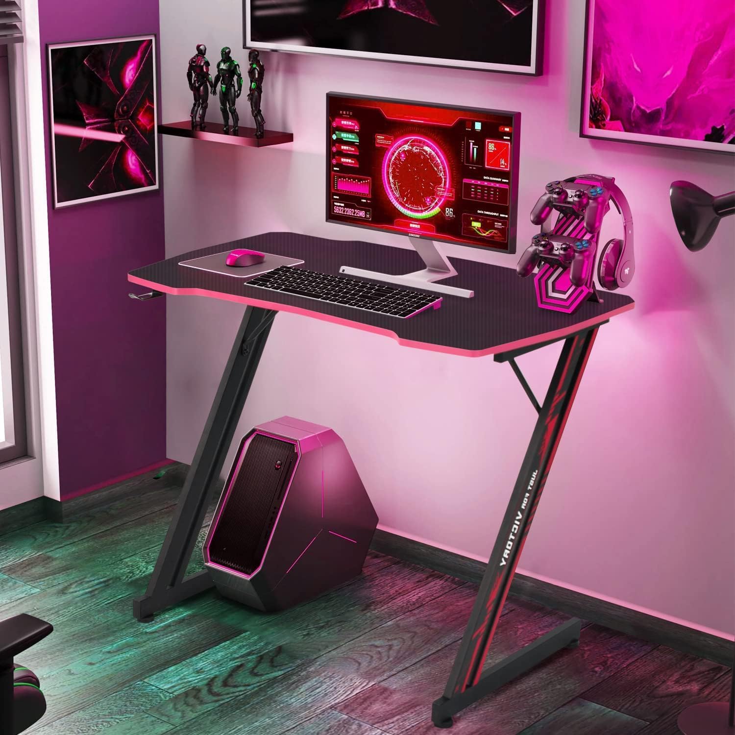 35" Z-Shaped Gaming Computer Desk with Hook - Cheap Home Office Desk for Bed, Sofa or Kids, Easy to Install, Lightweight to Move, Red