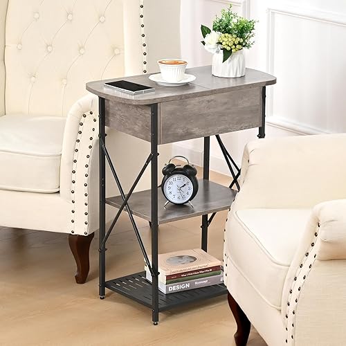 Miniatura 8 de Livofloral Mesa auxiliar estrecha con estación de carga, mesa auxiliar gris con 3 puertos USB y 2 salidas de CA, mesa auxiliar abatible con