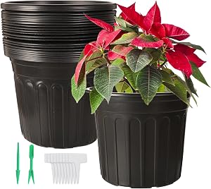 24 Pack 2 Gallon Plastic Thickened Plant Pots with 24 Pcs Waterproof Plastic T-Type Plant Tags and 2Pcs/Set Transplanting Digging Mini Tools
