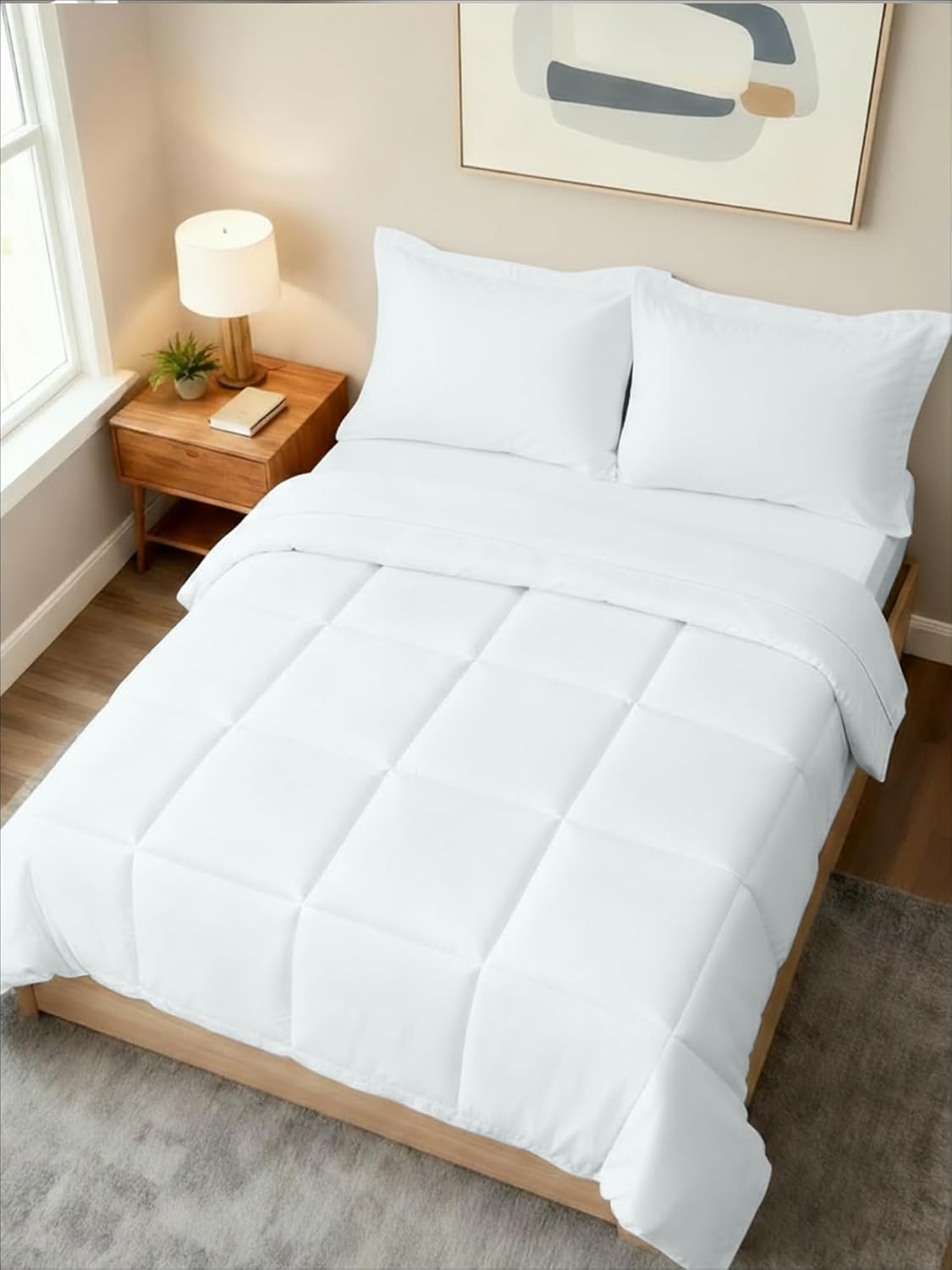 Queen Comforter Set - 3 Piece Bed Set for All Seasons - 1 Soft Quilted Comforter with Corner Tabs & 2 Pillow Shams - Comfy, Cozy & Breathable - Premium Down Duvet Insert - Oeko-TEX - Queen Size, White - Image 7