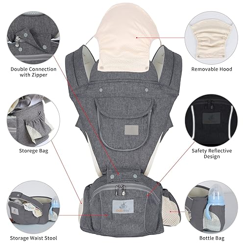 Miniatura 2 de Portabebés de cadera Taburete ergonómico de cintura infantil con asiento de cadera Bolsa canguro soporte delantero y trasero 3-36 meses (gris)