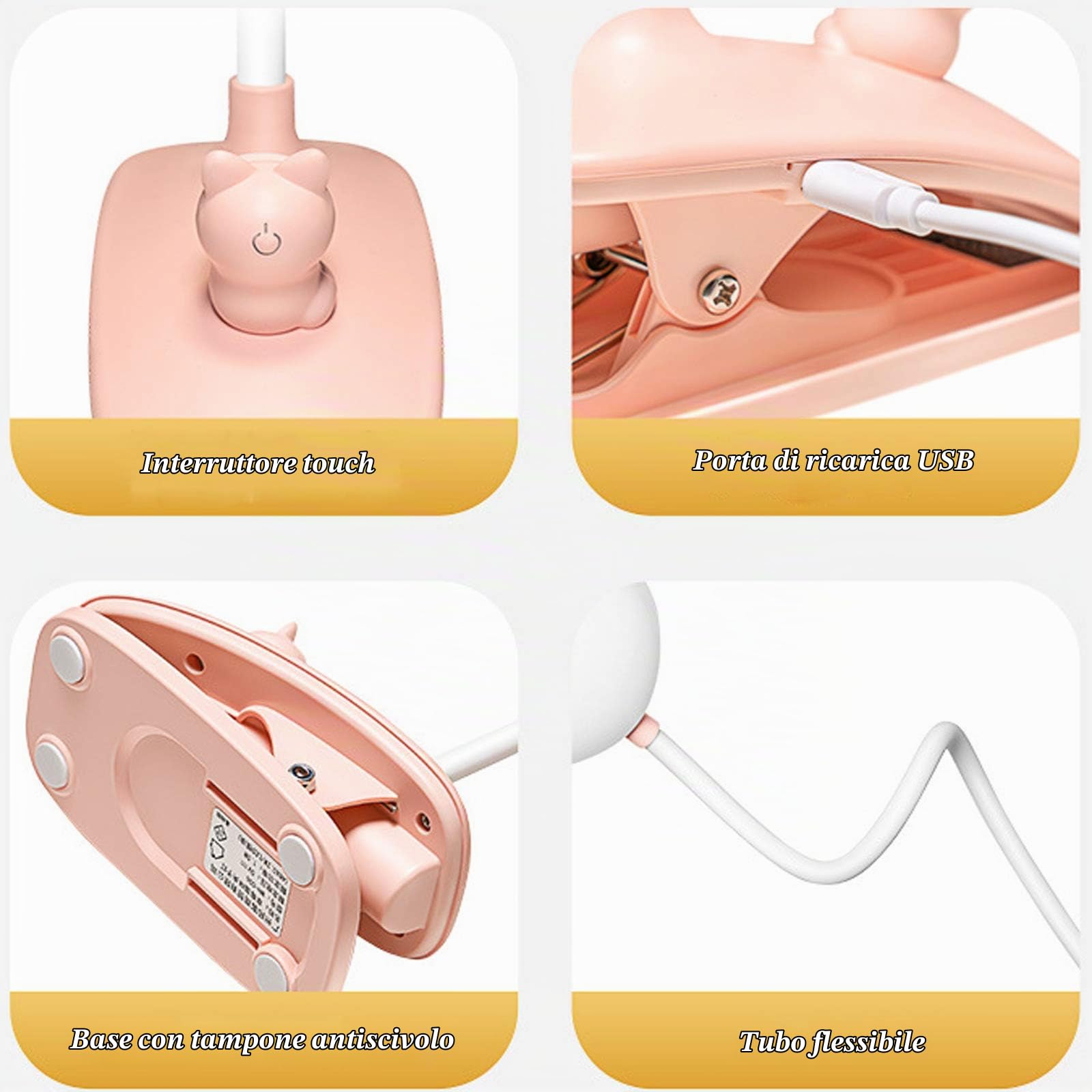 Lampada da Lettura con Pinza Ricaricabile per Bambini, 3 Colori Dimmerabile | Luce a Clip per Lettura libri a Letto, 360° Flessibile, USB-C Lampada da Tavolo Senza Fili Portatile per Studio, Rosa