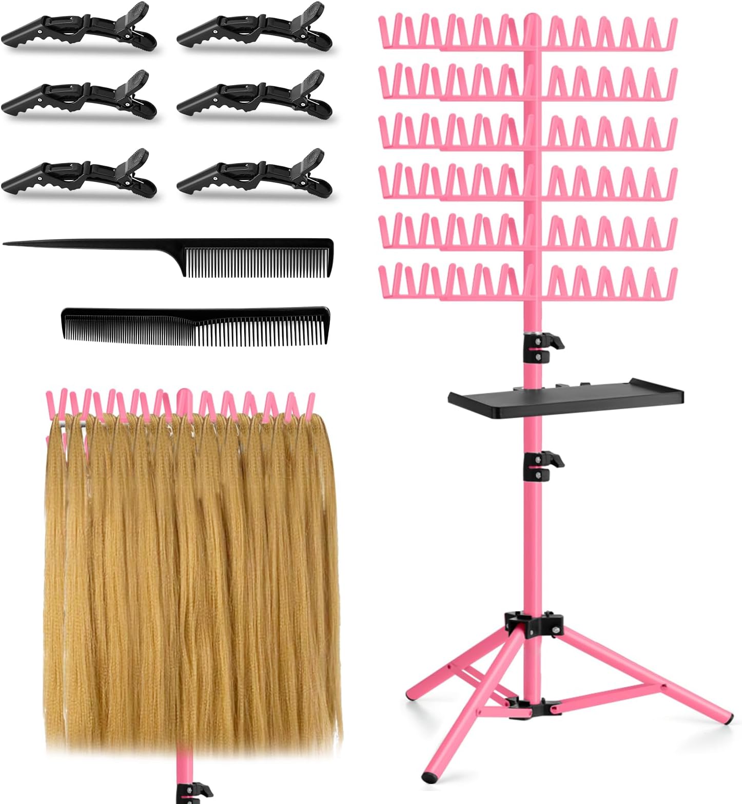 OLMRJKD Braiding Hair Rack with Tray, 144 Pegs Height Adjustable Braiding Rack, 2-side Hair Extension Holder Hanger, Hair Stand with Stylist Hair Braiding Tools for Hair Salon Home Traveling (Pink)