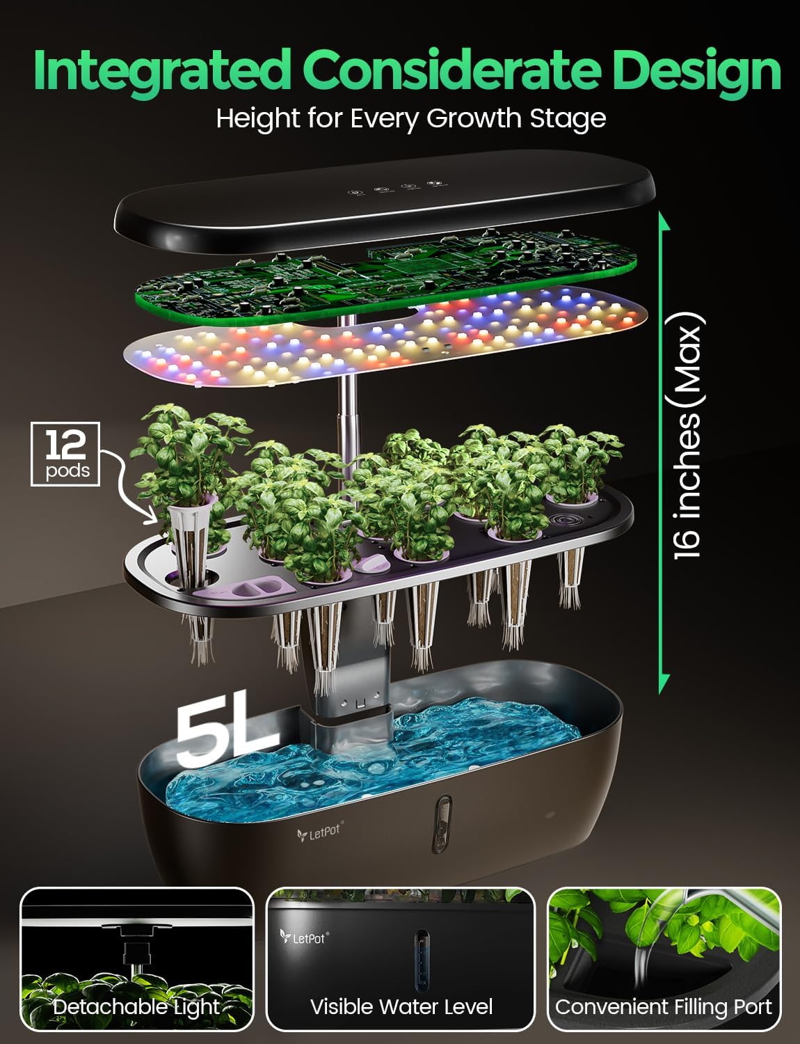 LETPOT Hydroponics Growing System, 12 Pods Indoor Herb Garden Kit with 24W LED Grow Light, 5.5L Water Tank & 16" Adjustable Height, Smart Indoor Gardening System for Kitchen, Home & Gift