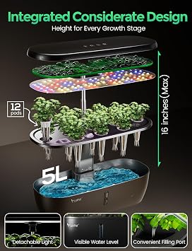 LETPOT Hydroponics Growing System, 12 Pods Indoor Herb Garden Kit with 24W LED Grow Light, 5.5L Water Tank & 16 Adjustable Height, Smart Indoor Gardening System for Kitchen, Home & Gift