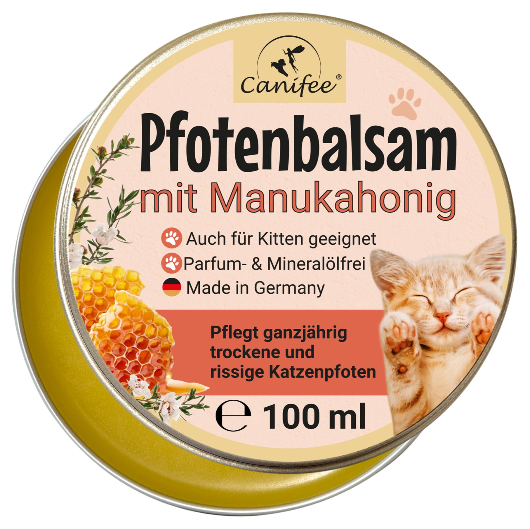 Baume Coussinet Chat Boîte de 100ml de Baume au Miel de Manuka, sans Parfumé et sans Huile - Creme Coussinet Chat - Hygiène et Santé du Chat - Protection Patte Chat - Patte de Chat