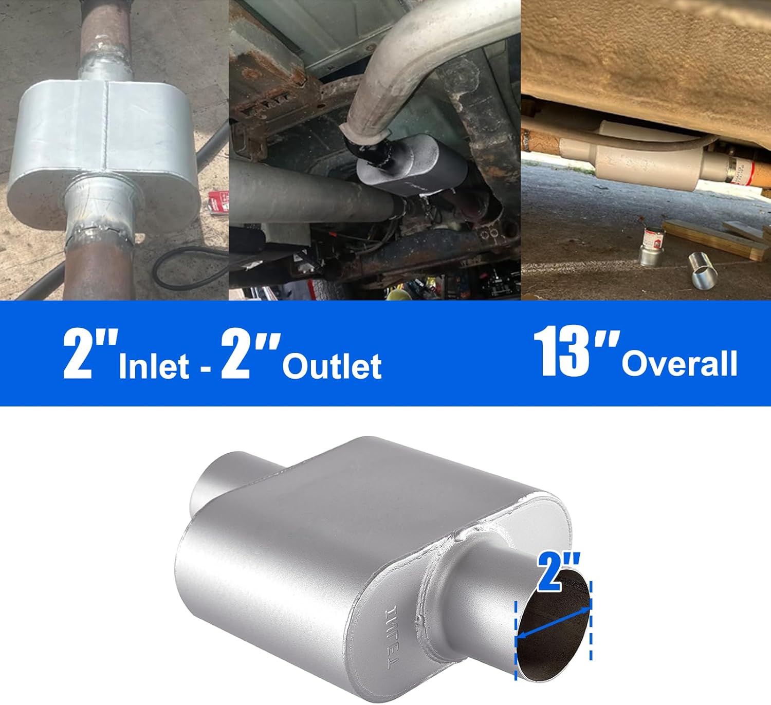 Universal Mufflers, Performance Automotive Exhaust Muffler, Single Chamber center in/center out, silver (2")