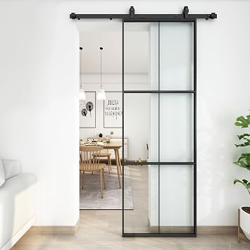 JUBEST 24in x 84in Glass Sliding Barn Door with 4.3ft Hardware kit, 3-Panel Black Aluminum Frame and Clear Tempered Glass Modern French Door, Easy to Install