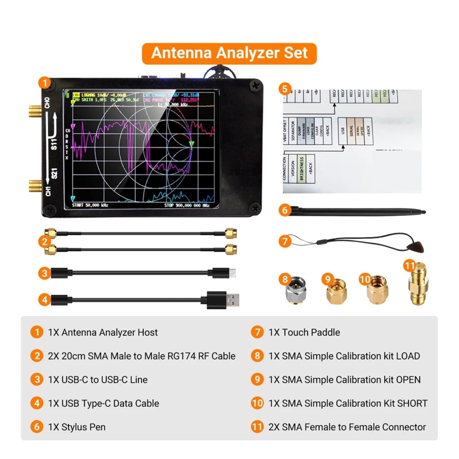 Analizador de antena con monitor TFT de 2,8 pulgadas, MF, HF, VHF y UHF, analizador de red vectorial con ranura for tarjeta SD, USB 5 V, 120 mA for fase VSWR
