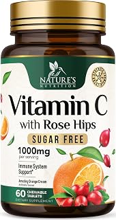 Vitamin C 1000mg Per Serving Chewable - Sugar Free - Extra Strength Antioxidants - Natural Immune Support Supplement with Vitamin C & Rose Hips, Powerful Vit C Chews, Tasty Orange Flavor - 60 Tablets