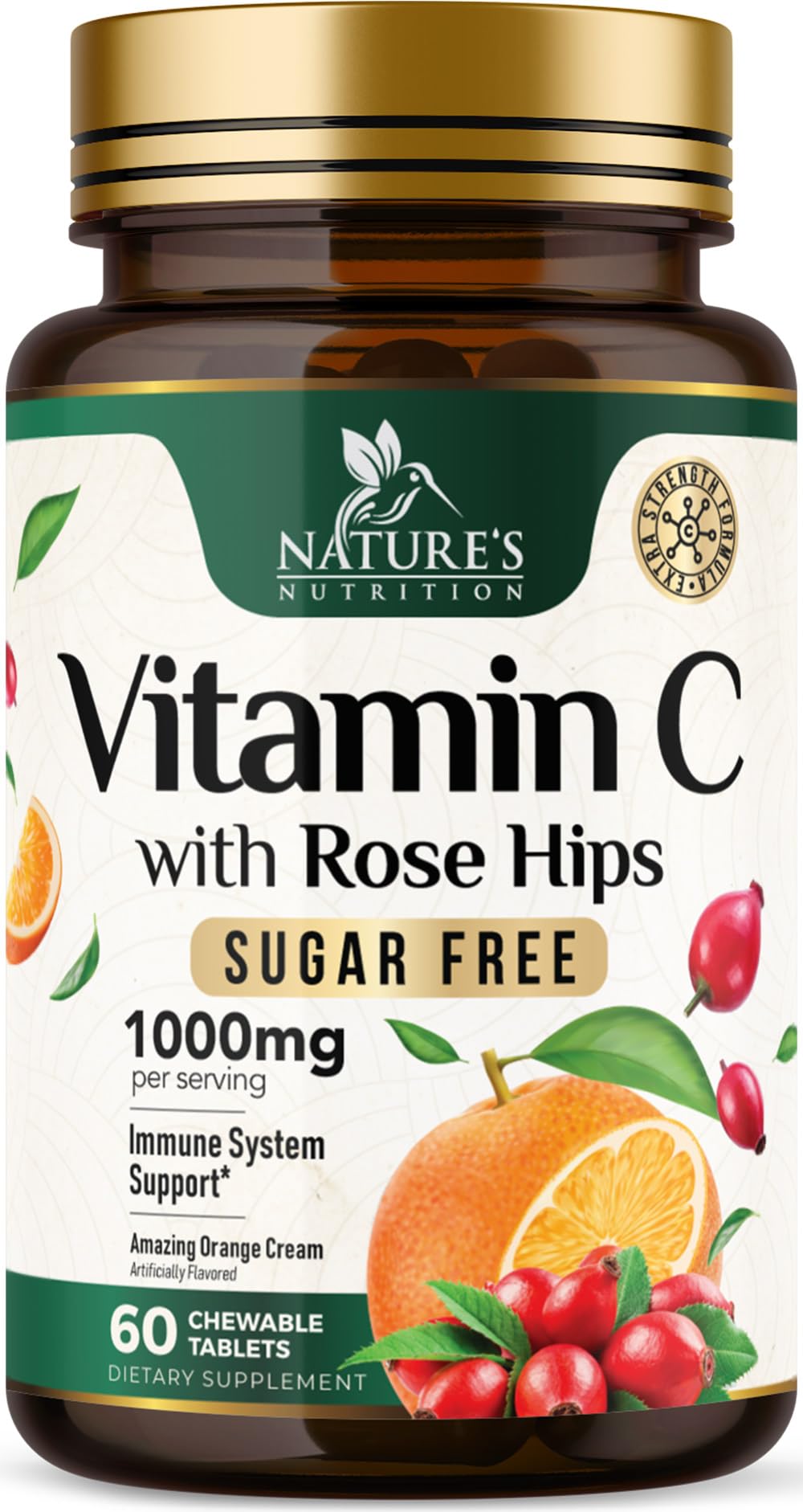 Vitamin C 1000mg Chewable - Sugar Free, Natural Immune Support Supplement with Vitamin C & Rose Hips Bioflavonoids - Extra Strength Antioxidant, Powerful Vit C Chews, Tasty Orange Flavor, 60 Tablets 60 Count (Pack of 1)