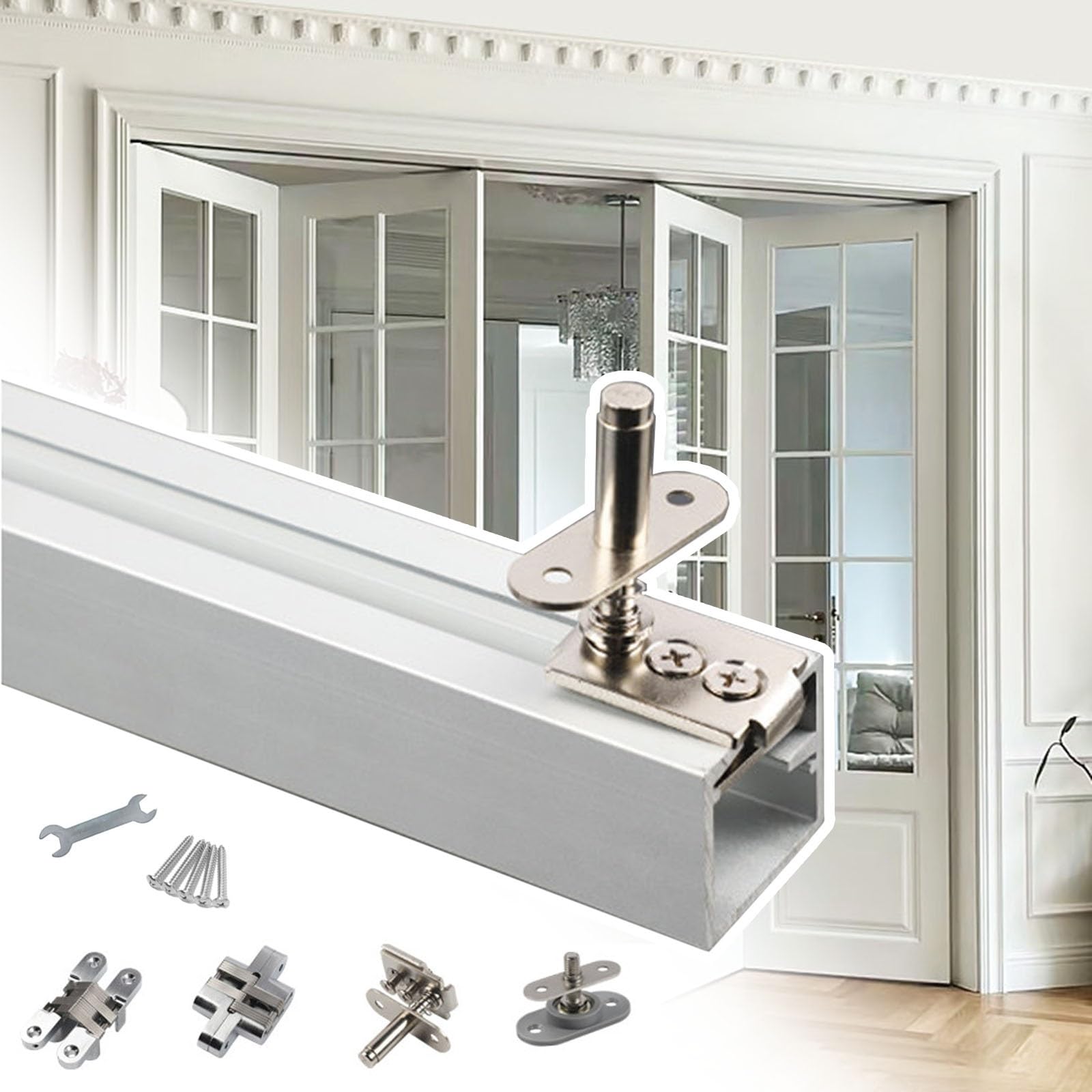 2 Door Sliding Pocket Door Hardware Kit, Bi-Folding Closet Door Track Replacement w/Hinges, Screws, Pivots & Wheels, Gate Guide Rail(90in/228.6 cm for 2 Doors)