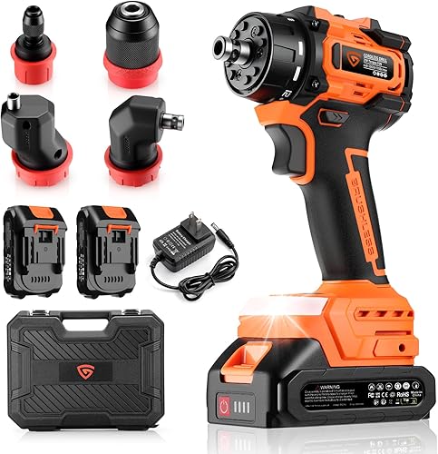 Kit de taladro inalámbrico sin escobillas de 21 V, sistema de cabezal múltiple 5 en 1 con 2 baterías y cargador, adaptador de ángulo recto, cabezal